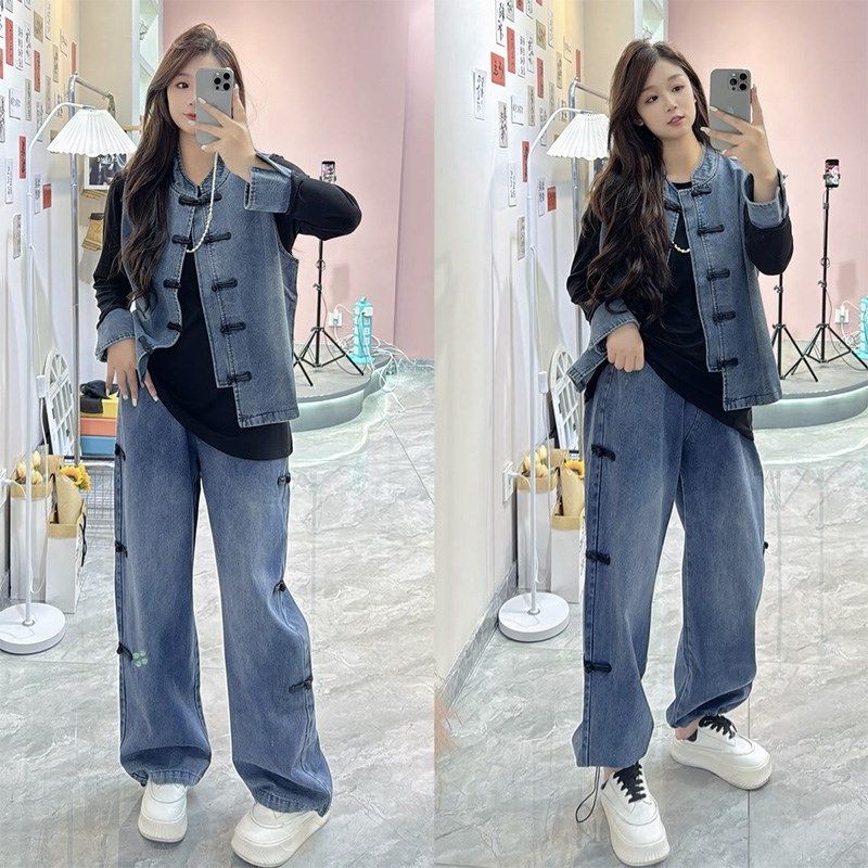 时尚中式复古打底衫盘扣牛仔马甲裤子三件套胖妹妹新款大码女套装,女装/女士精品,大码套装,淘宝优惠券,粉丝福利购,淘宝优惠卷