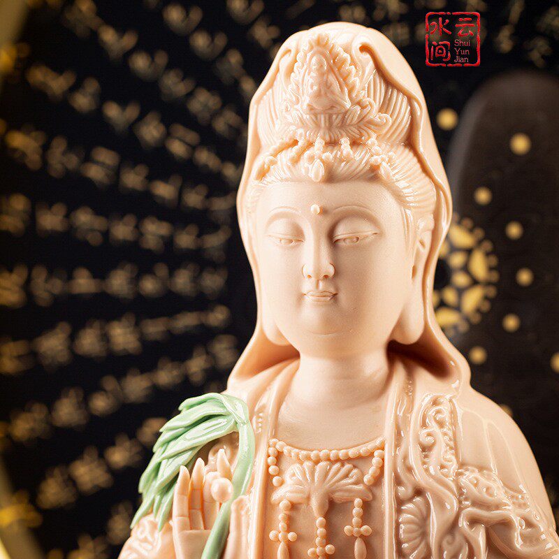 家用坐莲观音佛像禅意摆件陶瓷南海观世音菩萨实木供奉底座装饰灯