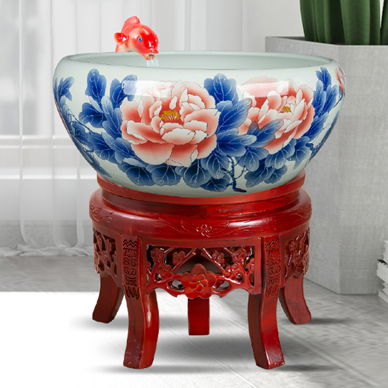 景德镇陶瓷鱼缸喷泉喷水循环增氧过滤器手绘山水锦鲤缸乌龟缸摆件