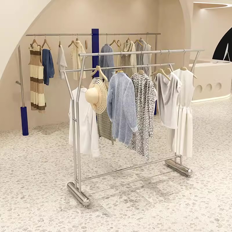 不锈钢服装店展示架落地式中岛架女装店中间高低双排货架挂衣架子