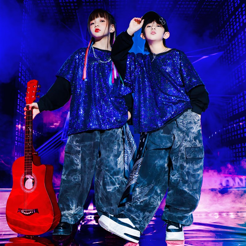 儿童架子鼓演出服新款男童酷炫亮片上衣少儿hiphop街舞童装炫酷