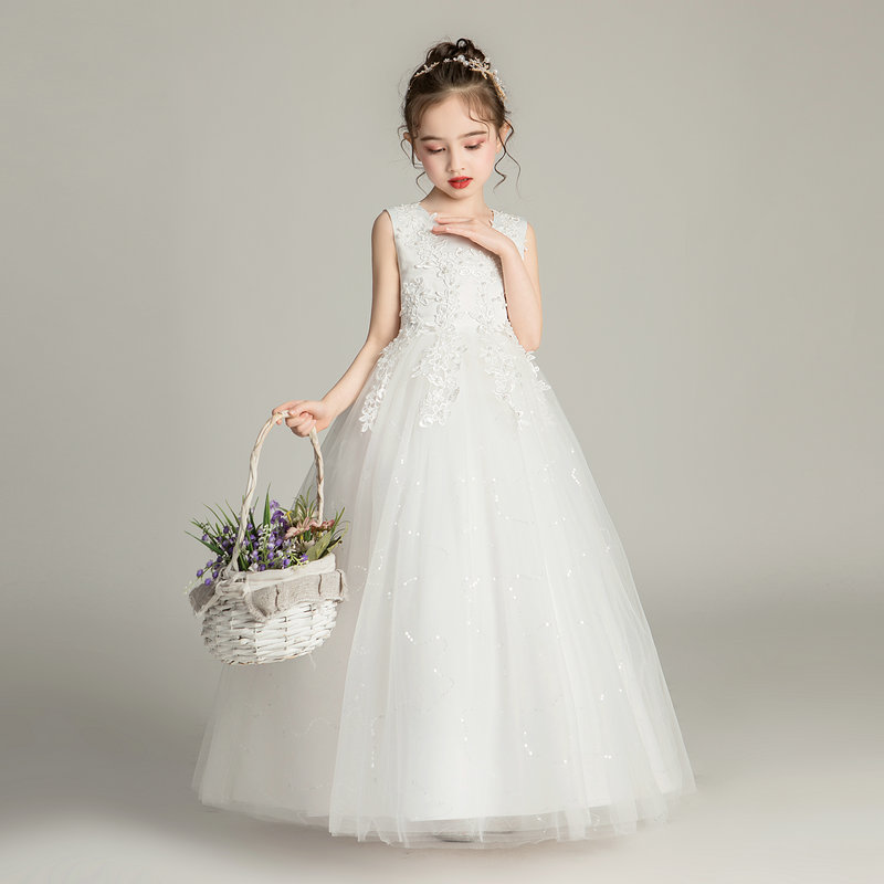 花童婚礼服小女孩白色婚纱裙儿童公主裙女童连衣裙长裙子演出服装