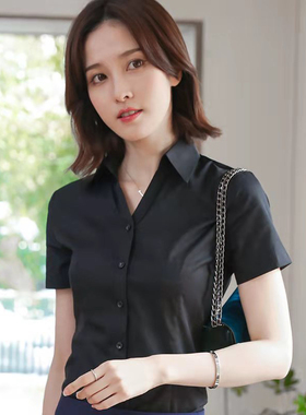 2023夏季蓝色衬衣女短袖修身职业装大码工作服工装V领白衬衫女