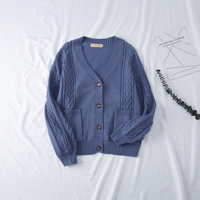 纯棉线毛衣女V领加厚长袖女士宽松针织衫开衫外套外搭加大码全棉