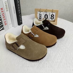 2025纯牛皮女鞋内里纯羊毛冬季全包勃肯鞋皮毛一体一脚蹬乐福鞋