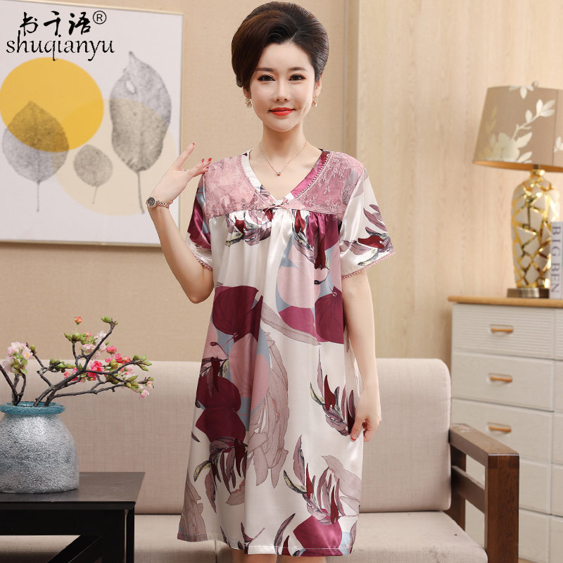 冰丝睡裙中年女士夏季中老年妈妈加大码仿真丝绸睡衣连衣裙子夏天