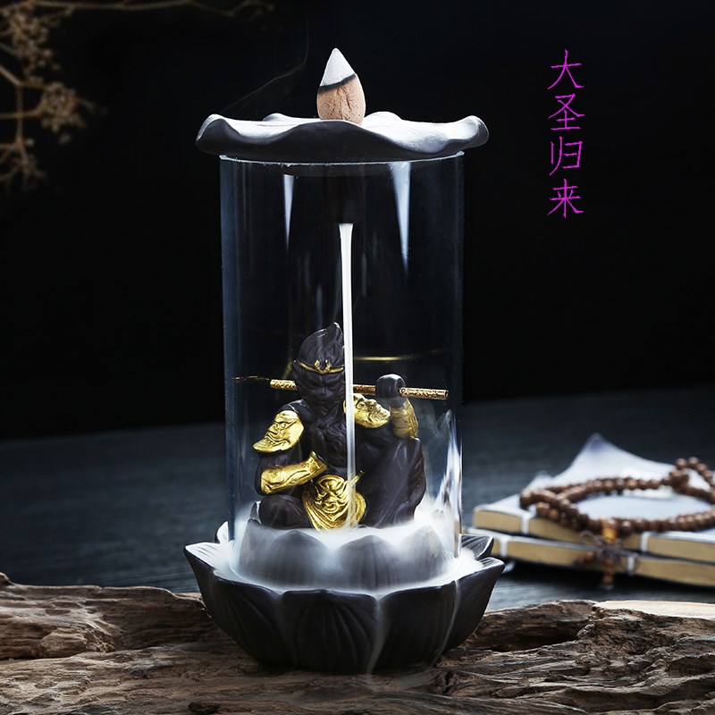 倒流香炉家用创意玻璃摆件佛头瑜伽青蛙香薰室内沉香熏香茶道观赏