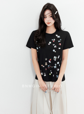 BNMGIN独特漂亮巨好看上衣女满幅印花宽松圆领套头短袖T恤2026夏