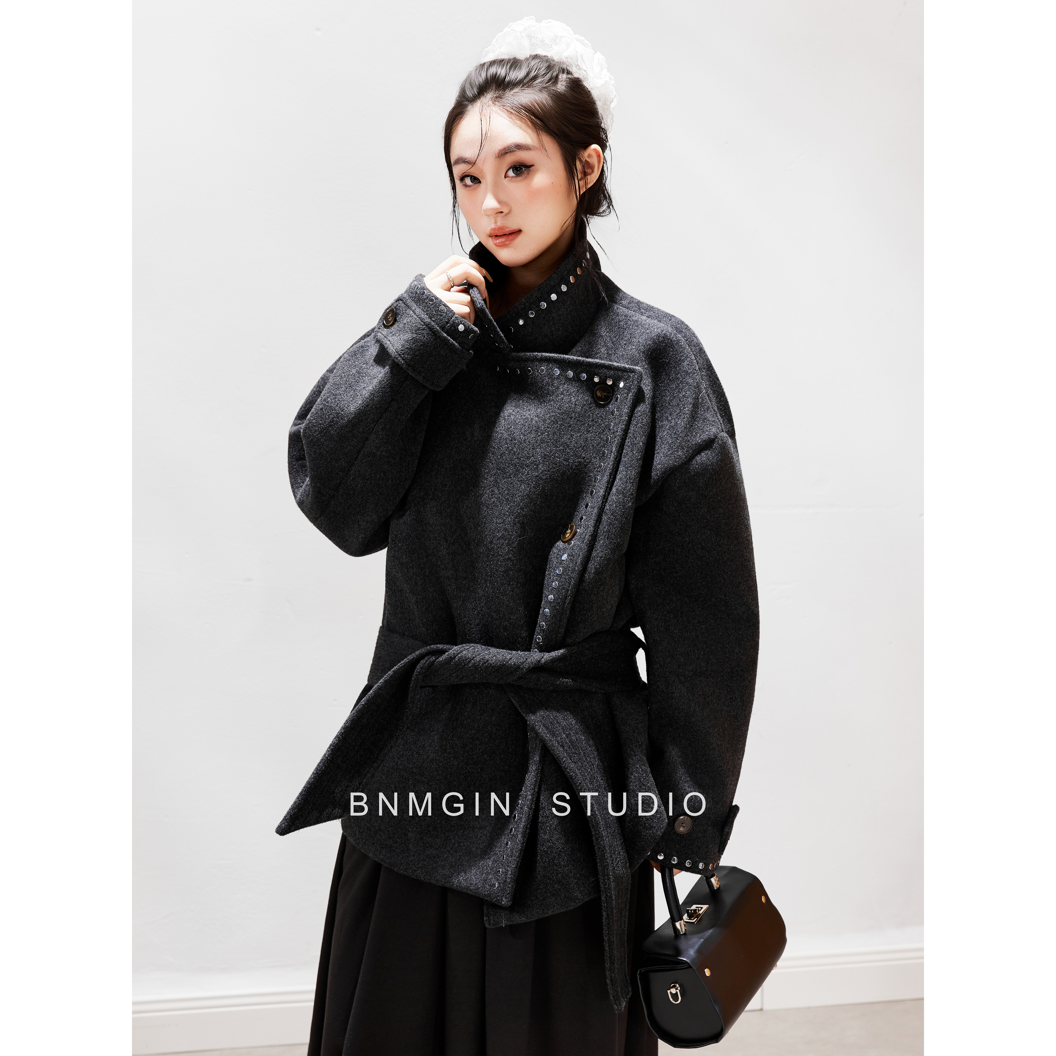 BNMGIN老钱风可翻立领毛呢大衣女