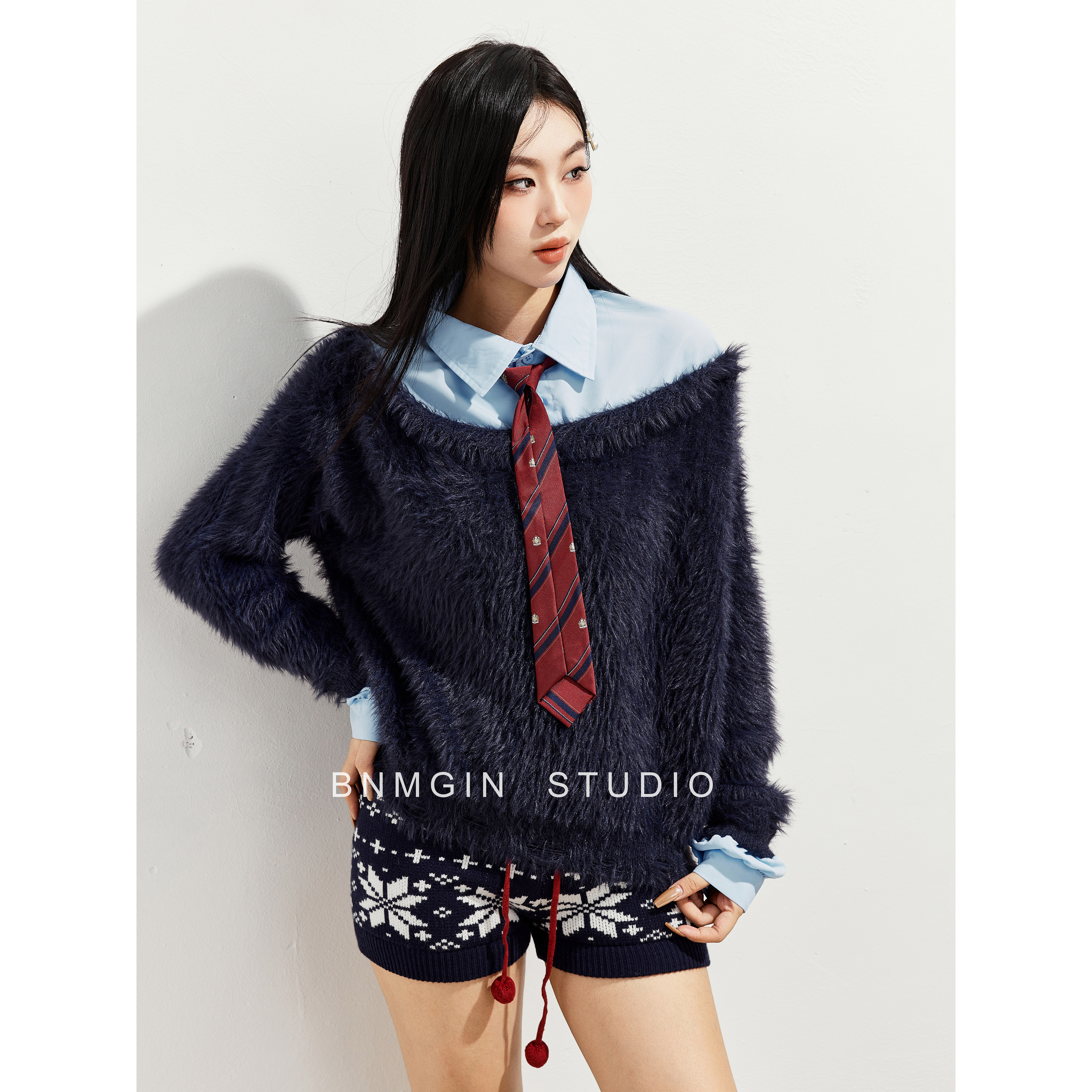 BNMGIN学院风假两件衬衫领毛衣