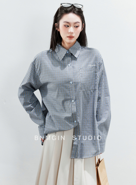 BNMGIN2026春季格纹长袖衬衫女韩系复古休闲翻领宽松格子衬衣外套
