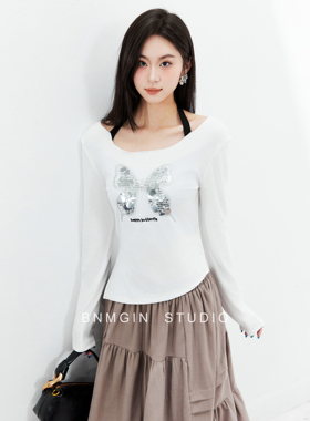 BNMGIN2026春季新款挂脖长袖T恤女蝴蝶亮片刺绣别致设计感小上衣
