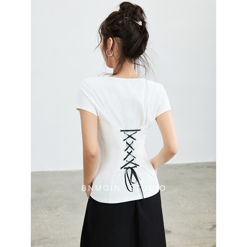 BNMGIN后背绑带收腰短袖T恤女
