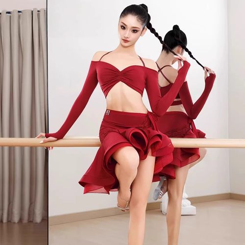 冬新款女拉丁舞长袖上衣鱼骨裙