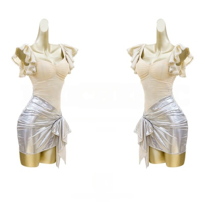 成人拉丁舞吊带短袖银色半裙