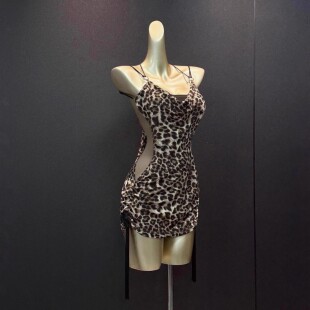 2025新款 女士拉丁舞豹纹高端练习服露背高级感连衣裙练功服