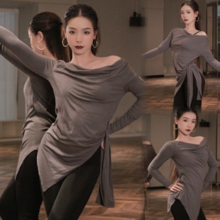 系带斜肩荡领上衣成人女拉丁训练服 长袖 新款 拉丁舞服不规则大衫