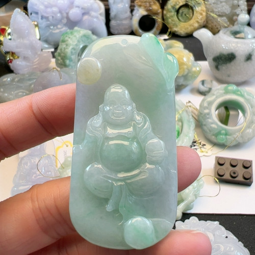 送证书天然翡翠A货冰绿弥勒笑脸佛