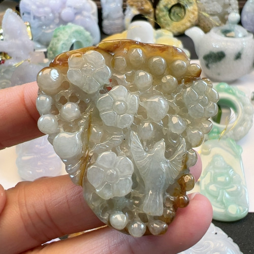 送证书天然翡翠A货南齐皮壳喜鹊登梅