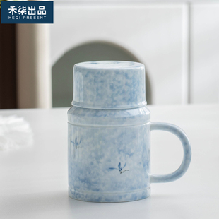 禾柒出品手绘兰花陶瓷泡茶杯小暖壶办公室带盖马克杯茶水分离杯子