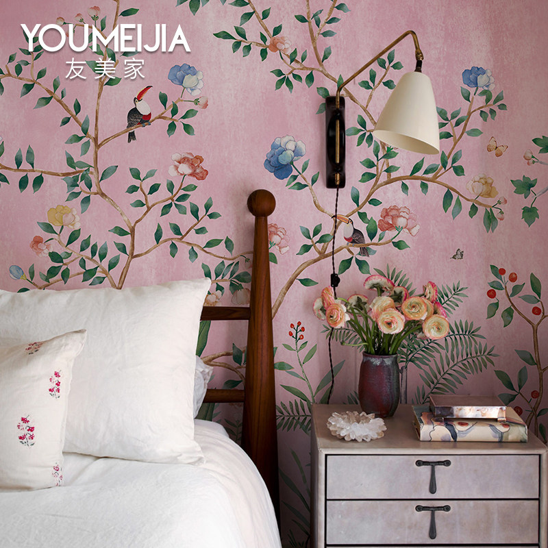 美式花鸟电视背景墙纸卧室沙发墙布欧式餐厅壁纸中V式别墅定制壁,家装主材,定制壁画,淘宝优惠券,粉丝福利购,淘宝优惠卷