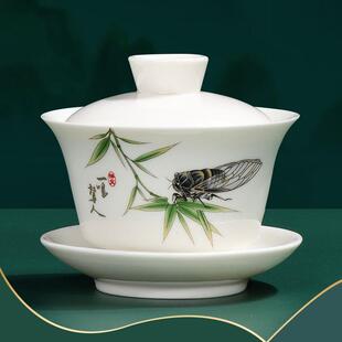 陶瓷泡茶功夫茶具三才手工大容量盖碗 羊脂玉瓷悬停家用简易中式
