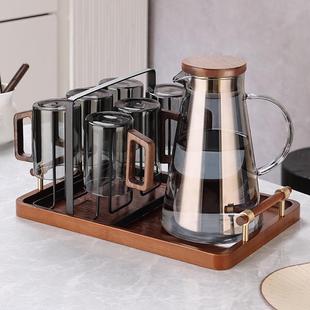 家用带把待客茶杯泡绿茶专用喝水杯子茶具 高档实木玻璃水杯套装