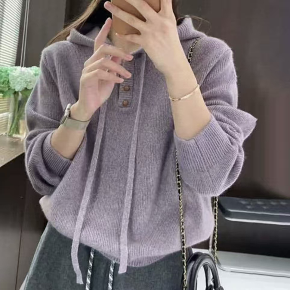 【紫色连帽】秋冬新款紫色连帽针织毛衣慵懒风软糯减龄显瘦上衣女