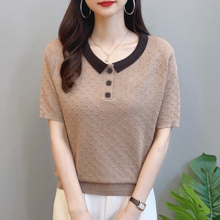 体恤衫 娃娃领短袖 洋气针织衫 显瘦 宽松气质百搭时尚 美拉德 夏季