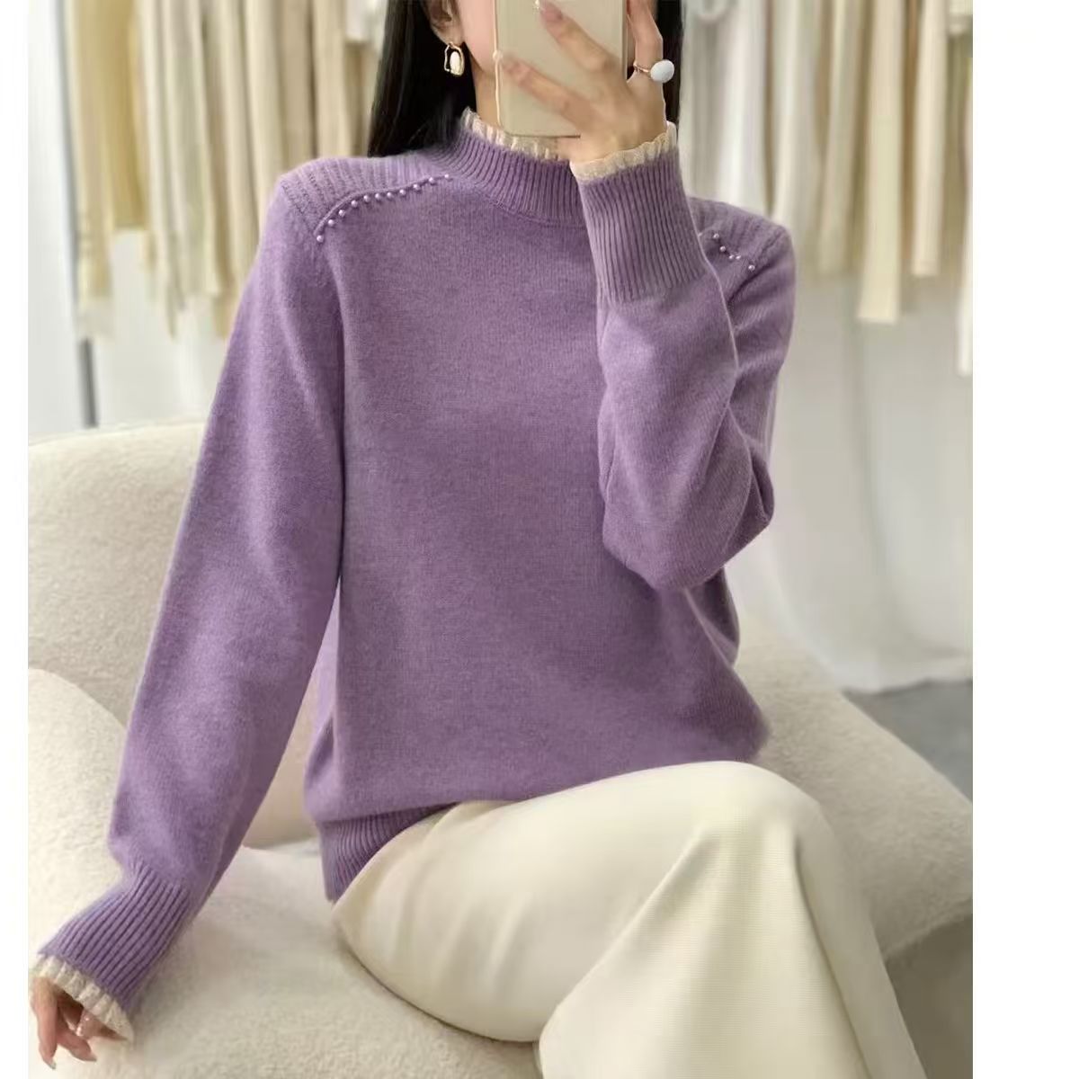 【云紫珍珠扣】2025年新款毛衣秋冬款洋气百搭钉珠花边领针织衫女