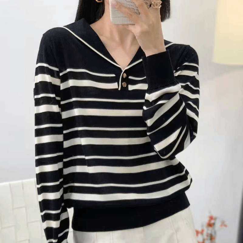 【海军领-黑】2025春秋季新款时尚条纹海军领针织衫女宽松长袖