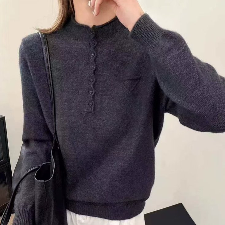 【灰色倒三角】2025新款套头花边纽扣韩系减龄宽松长袖针织衫毛衣