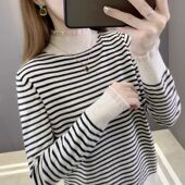 条纹蕾丝打底 女士秋冬上衣长袖 条纹打底衫 洋气内搭时尚 显瘦