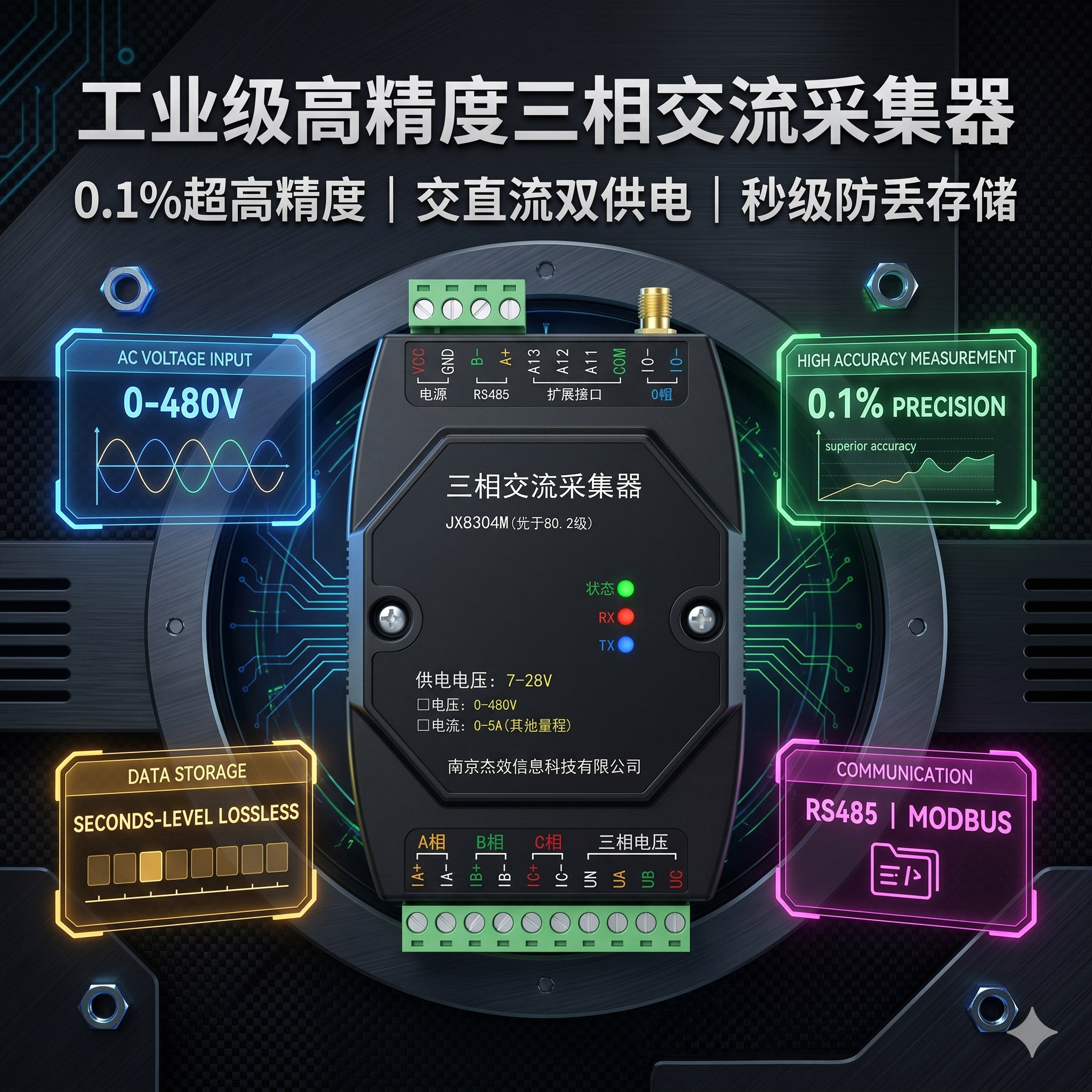 三相交流采集器电压电流采集模块功率测量电能计量RS485/Modbus