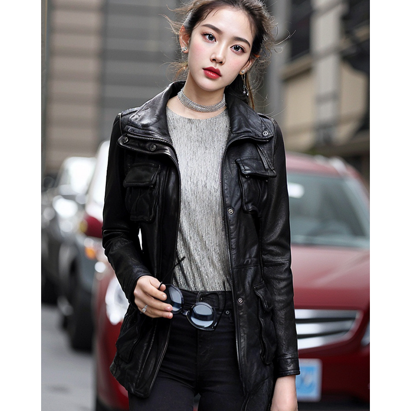 全植鞣绵羊皮进口皮衣女机车经典酷外套中长款修身百搭时尚P31291