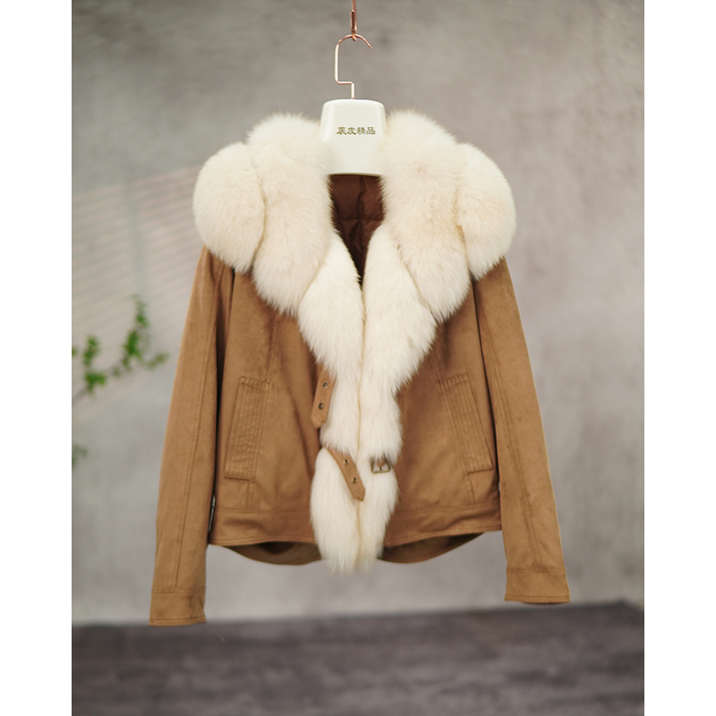 进口狐狸毛皮草外套女短款2025冬新大毛领羽绒派克服大衣B1830