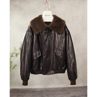 真皮油蜡头层绵羊皮女短款 毛领皮衣B1921 鹅绒服外套2025冬季
