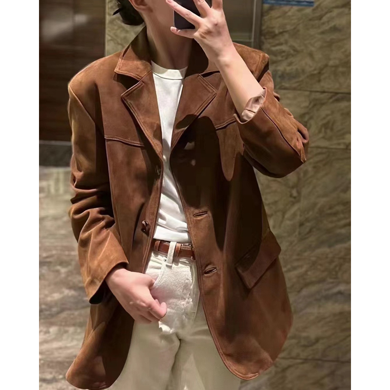 复古反绒皮2025真皮皮衣女宽松西装绵羊皮中长款外套B1525