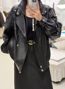 2025秋季宽松翻领真皮皮衣女士绵羊皮夹克显瘦遮肉机车外套B1409
