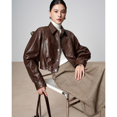 高档油蜡绵羊皮真皮衣短款 翻领宽松机车夹克外套2025秋冬新B2095