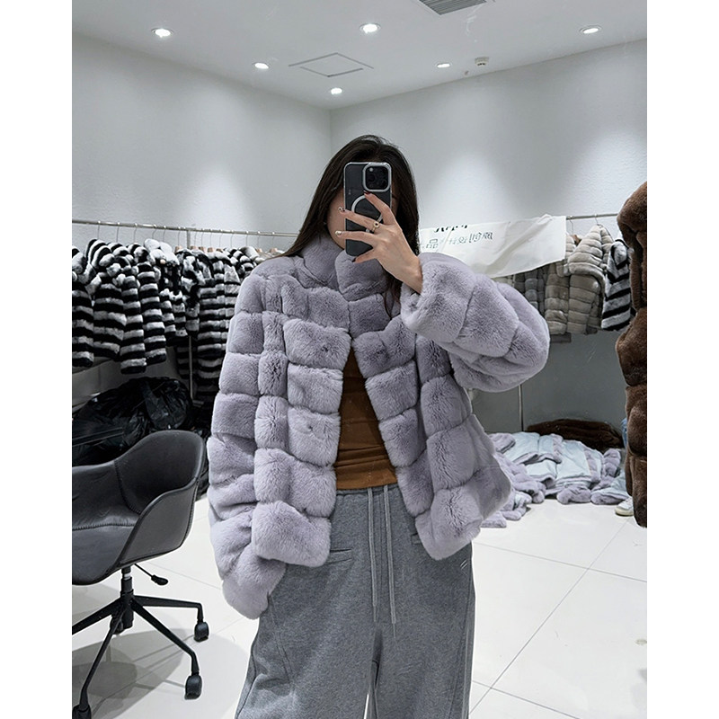 进口整皮獭兔毛立领皮草外套女2025冬季短款毛毛女B2122