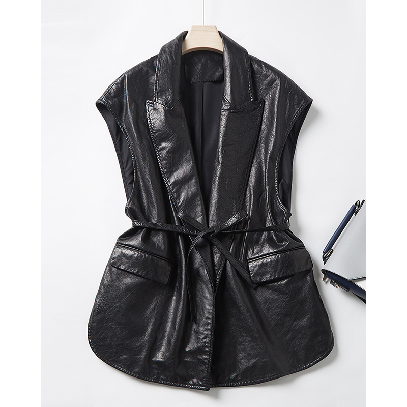 真皮皮衣绵羊皮马甲女2025春新款宽松显瘦进口油蜡皮系带B1457