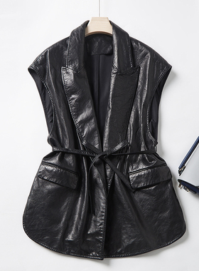 真皮皮衣绵羊皮马甲女2025春新款宽松显瘦高档油蜡皮系带B1457