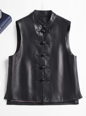 真皮皮马甲背心女新中式绵羊皮国风盘扣复古宽松百搭外套B1677