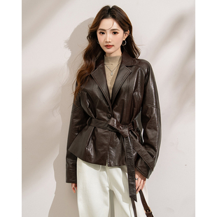 收腰绵羊皮中长款 时尚 外套女腰带B1672 小西装 真皮皮衣新款