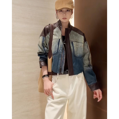 真皮皮衣外套女短款2025新款女款牛仔拼接绵羊皮夹克机车服B1426