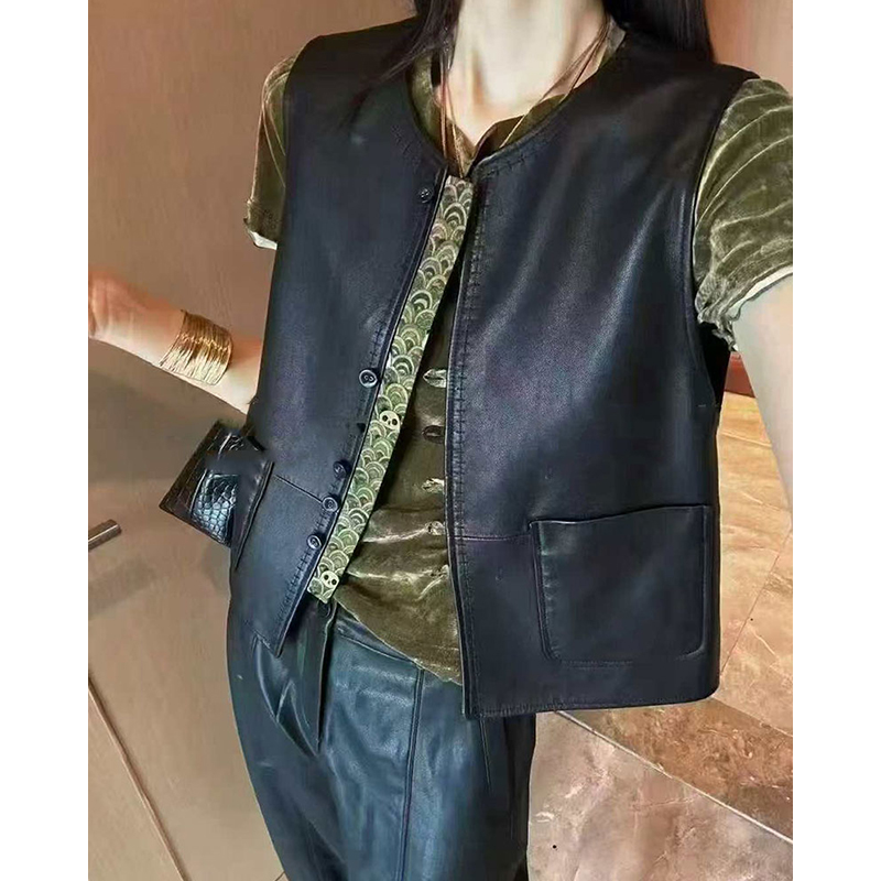 两面穿国风真皮马夹2025秋新款绵羊皮外套醋酸马甲背心女B1379