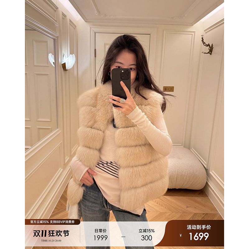 进口整皮狐狸背毛横排夹革皮草毛毛外套女25秋新B2427