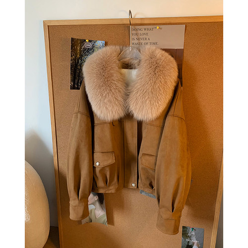 狐狸毛领鹅绒内胆麂皮绒夹克大衣2025冬新款皮草外套女B2475