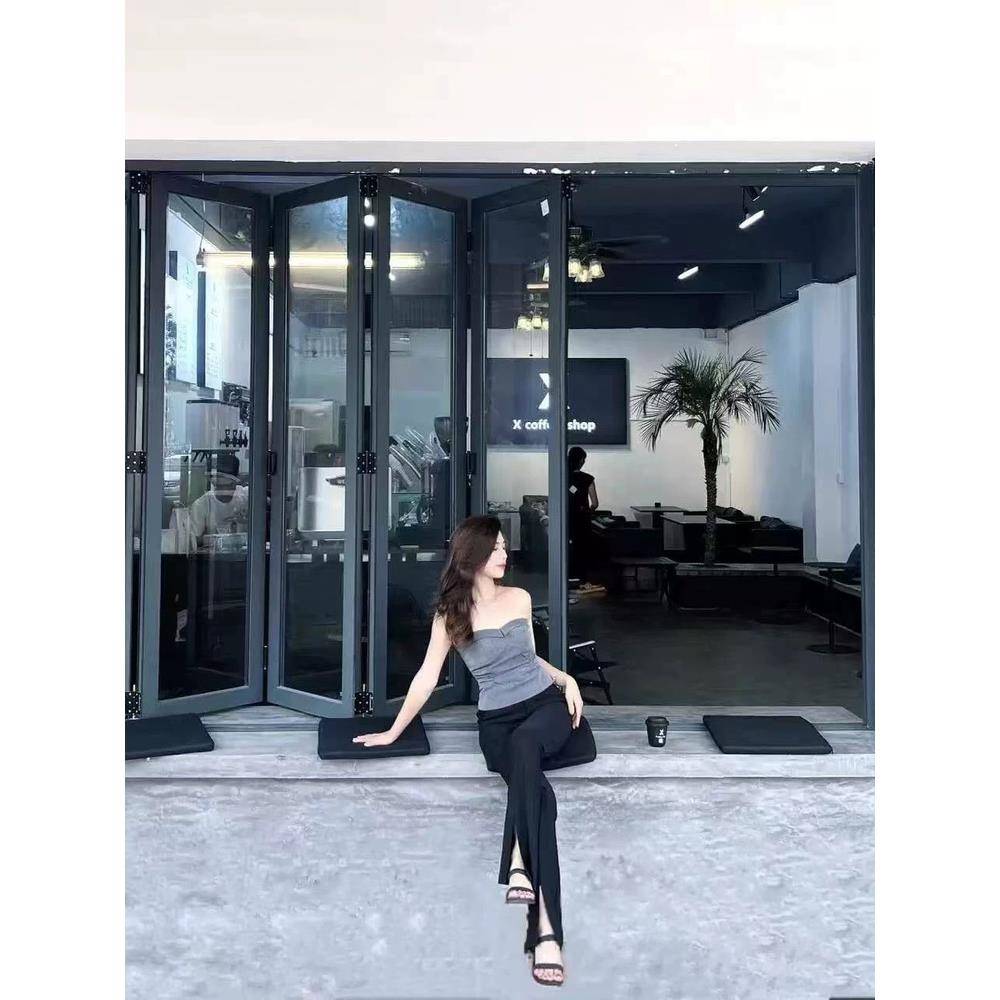 左右折叠窗铝合金厨房咖啡奶茶店开放式吧台吊轨折叠推拉窗玻璃窗